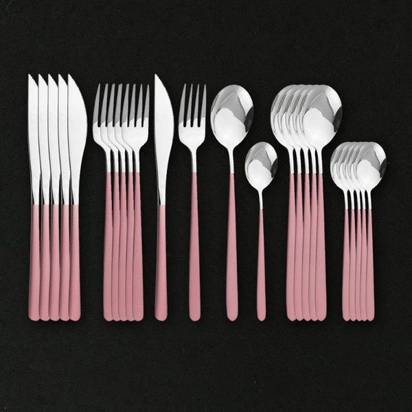 

flatware sets 24pcs pink silver 304 stainless steel cutlery set fork spoon knife silverware tableware dinnerware dishwasher safe