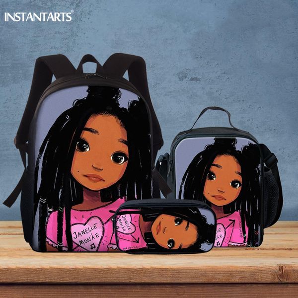 

instantarts 3pcs school bag set kid cute black girl cartoon print big children schoolbag travel storage backpack satchel mochila t200709