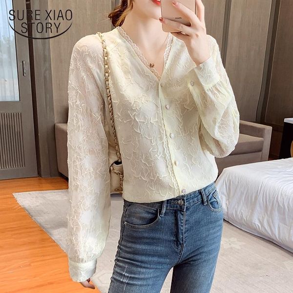 

women's blouses & shirts autumn embossed v-neck lantern sleeve long blouse solid color chic lace bottoming shirt elegant retro blusas, White