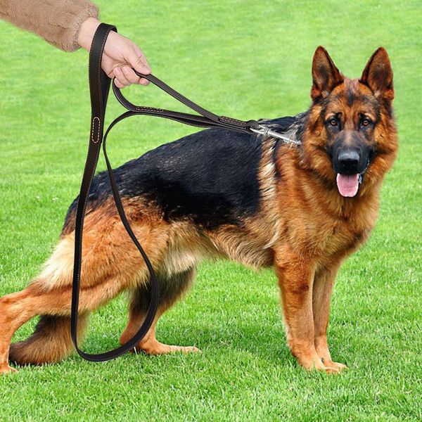 

geniune leather pet dog leash rope pet k9 training walking lead leashes for medium large dogs quick control with 2 sqcqjg