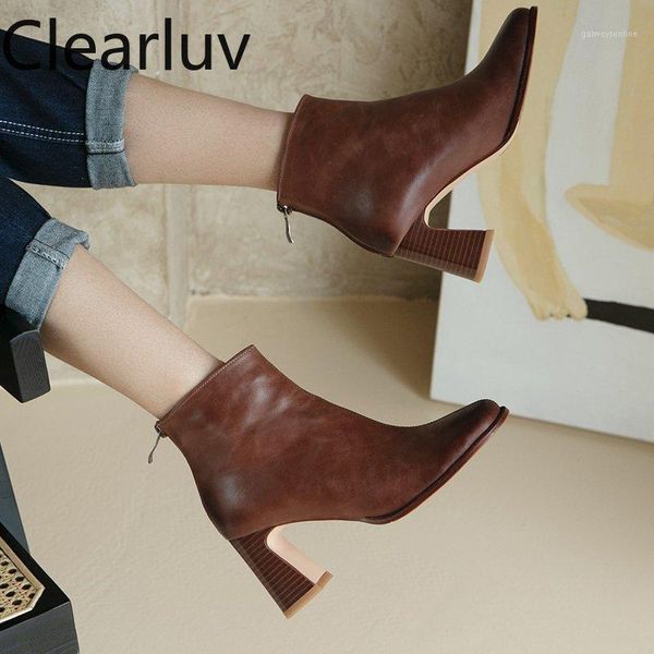 

boots women's ankle comfortable booties square toe high heel 7cm leather snow women winter shoes1, Black