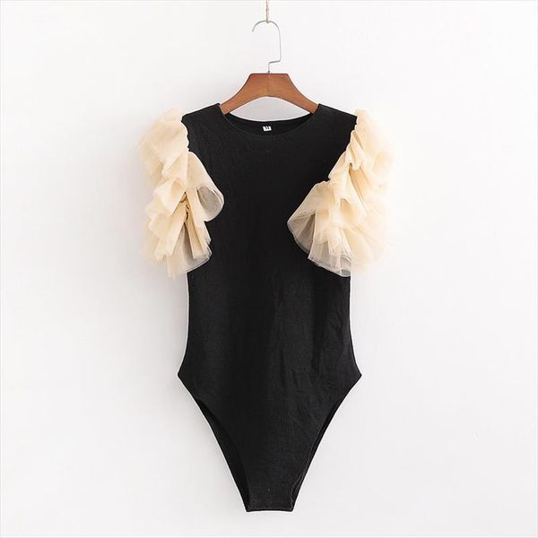 

women o neck sleeveless cascading ruffles patchwork slim bodysuit chic siamese blouse high street female playsuits blusas ls6259, Black;white