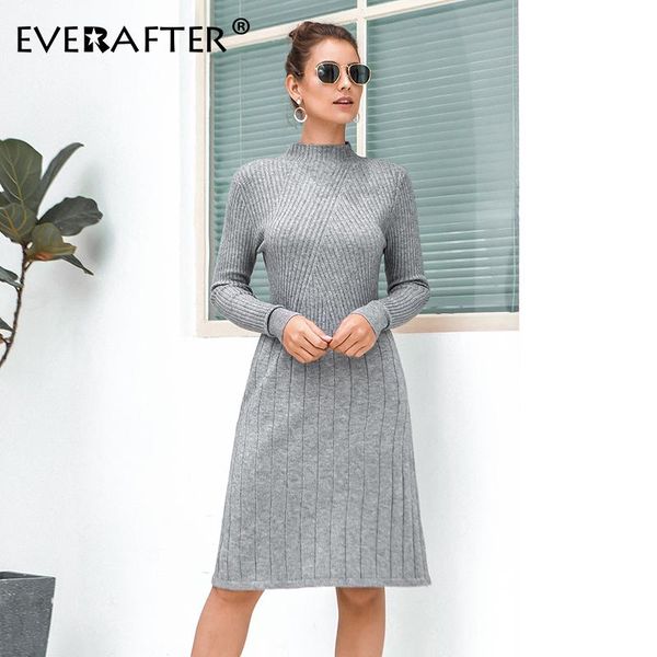 

everafter elegant warm dress knitted stand bodycon autumn women sweater dress high waist elastic casual chic party midi, Black;gray