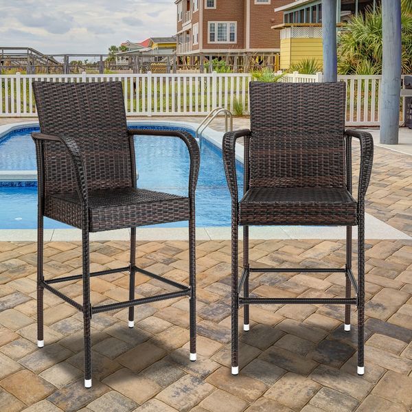 

2 pcs wicker rattan high bar chair courtyard indoor and outdoor terrace balcony rattan chair brown gradient