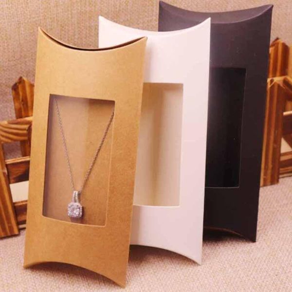 

10pcs box 10 inner card 2018 new diy kraft paper window pillow box necklace jewelry display clear pvc pillow box wmtpcx