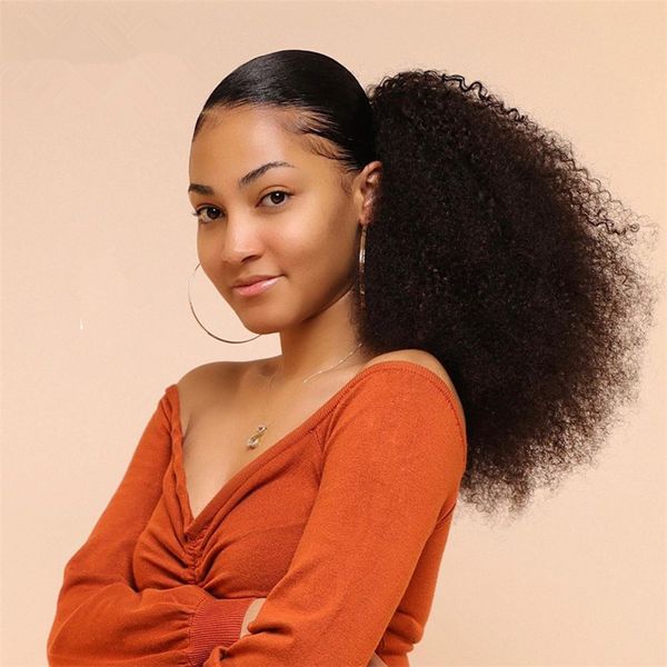 Cola de caballo rizada rizada Extensión del cabello humano Cordón Cola de caballo postizo Clip de cabello natural afro en cola de caballo para mujeres 1b Cabello brasileño Remy