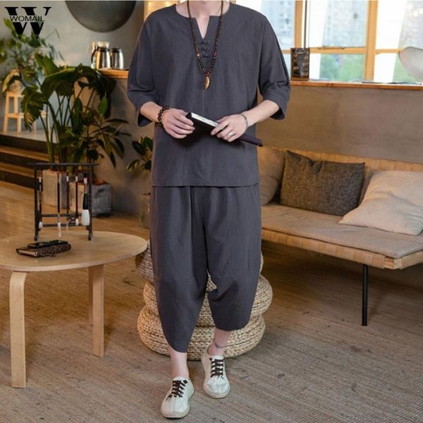 

womail chinese style mens set solid color large size linen tang casual fashion summer aututmn set ag01 conjuntos de hombres1, Gray