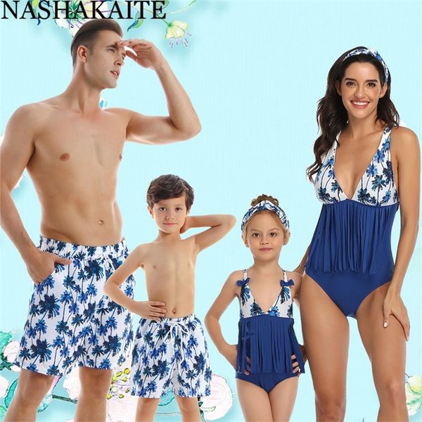 

nashakaite family swimsuits beach tropical leaf print swimming suit mother and daughter swimsuit men boys swimming trunks lj201111, Blue