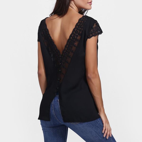 

women blouse back lace backless buttons short sleeve chiffon shirt lady v neck summer women plus size xew, White