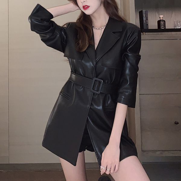 

2021 new korean short leather blazer black long sleeve women slim suit winter one-piece lady casual office party dress 4fzy, Black;gray