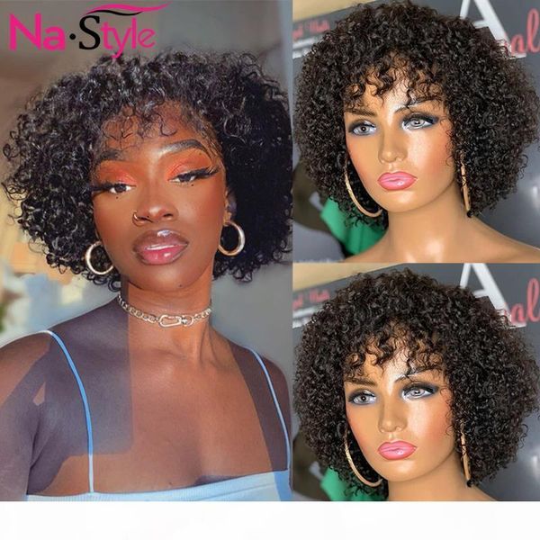 

kinky curly wig lace front human hair wigs with bangs short bob human hair wigs for black women 13x4 lace frontal 150%, Black;brown