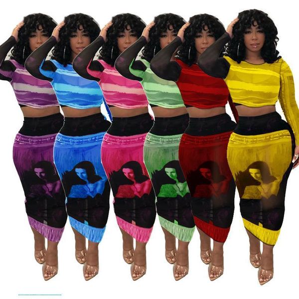 

новая сетка см. хотя галстук красит принт юбка женский набор с длинным рукавом короткие тройники bodycon midi юбка костюм двух частей набор, Gray