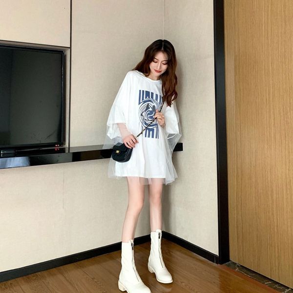 

2021 new female short sleeve haphazard mesh white patch summer cotton printing tshirts harajuku thin plus size 4xl 07uf