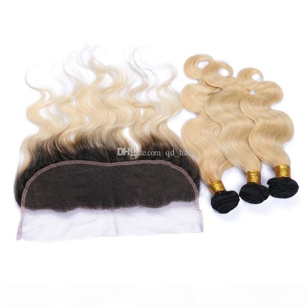 

ombre color hair bundles with lace frontal brazilian blonde hair 1b 613 ear to ear full lace frontal for young girl, Black