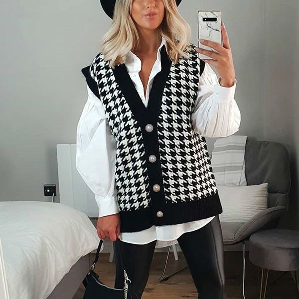 

v neck houndstooth vest cardigan 2020 black sleeveless sweater women loose 2020 autumn winter knitted casual fashion jumper c1120, White;black