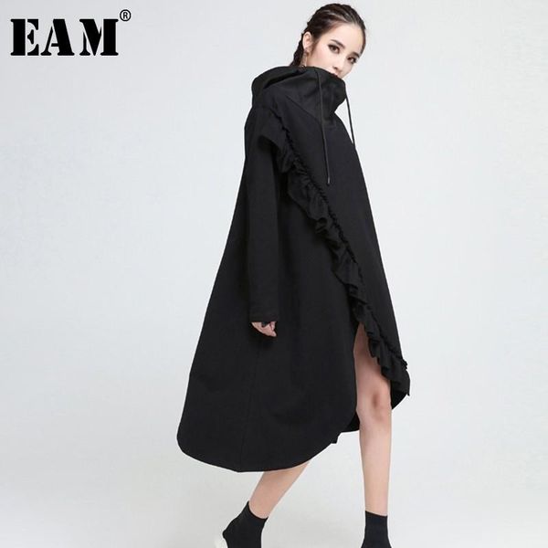 

eam] 2020 new spring autumn hooded long sleeve black ruffles split joint irregular hem big size dress women fashion tide jo0081, Black;gray