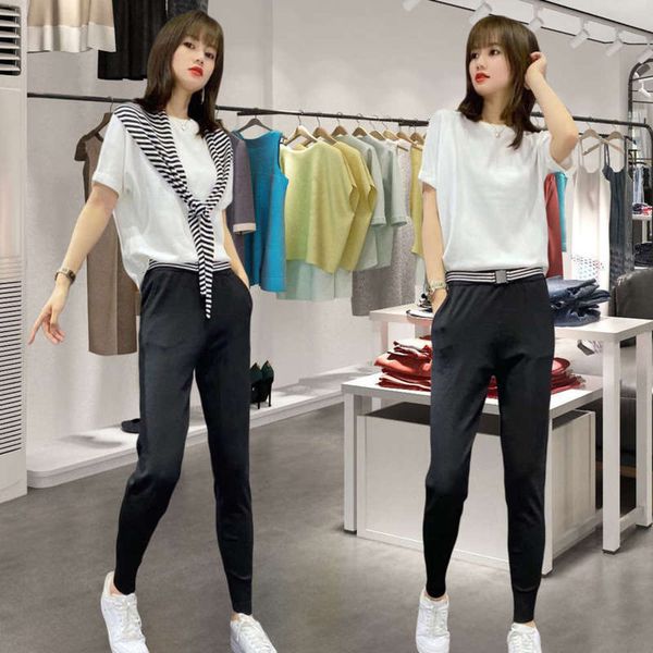 

new fashionable summer dress foreign 2020 style short sleeve ice silk knitted two piece sports and leisure suit for women, Gray