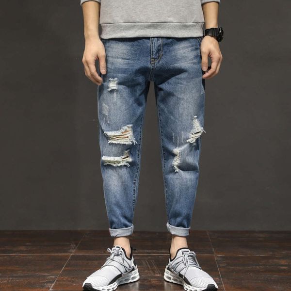 

harem men's korean version small foot 9-point jeans hole beggars' pants loose large size thin front fashion, Blue
