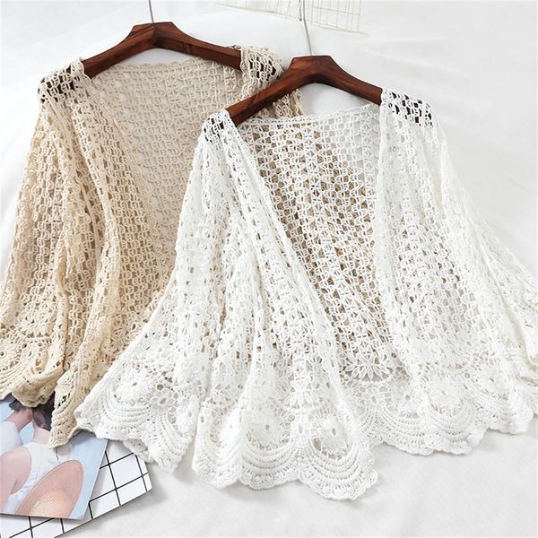 

hollow out women blouse and shirts solid loose knitted cardigan office lady shirts outwear coat lj200811, White