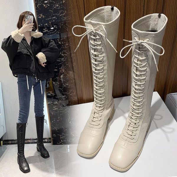 

boots cross band vintage women rome long square heel knee-high for high heels fashion lace-up botas, Black