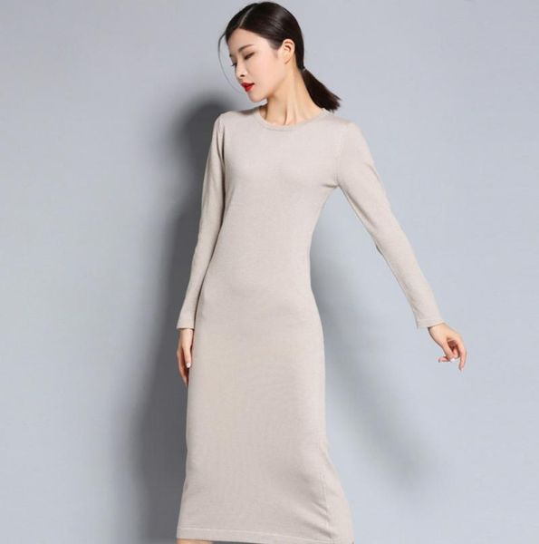 

casual dresses 2021 spring and autumn women's knitted cashmere wool dress round collar long style solid color, Black;gray