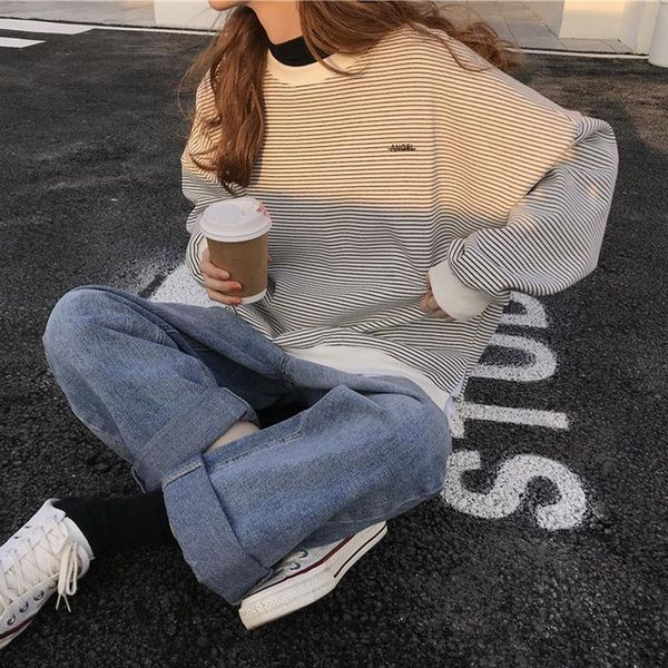 

2020 тонкие полосатые школьные девочки свободный с длинным рукавом футболка женские универсальные круглые шеи, White