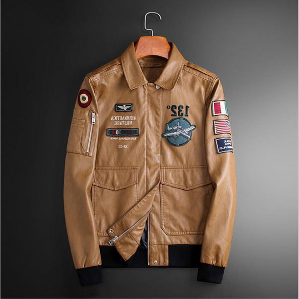 

young autumn winter trendy personality men's motorcycle lapel leather masculino casual badge embroidered pu jacket coat, Black;brown