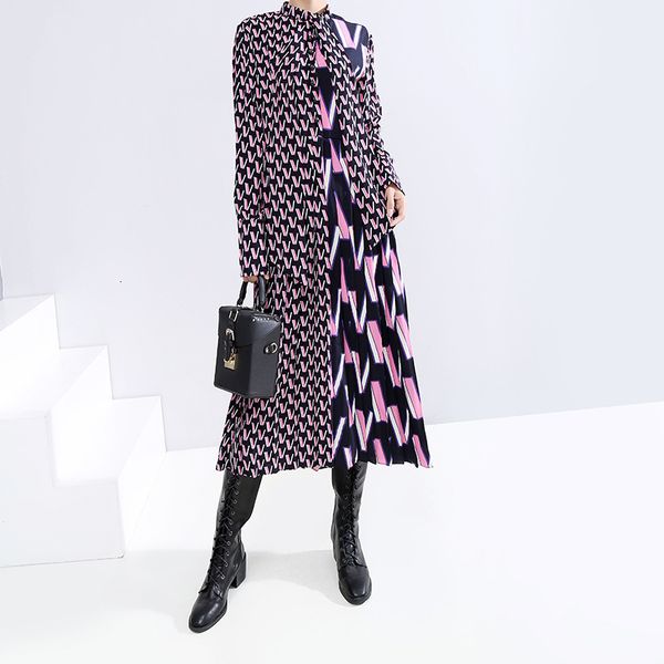 

[eam] women pattern print split temperament dress new bow collar long sleeve loose fit fashion tide spring autumn 2020 19a-a872 y200805, Black;pink
