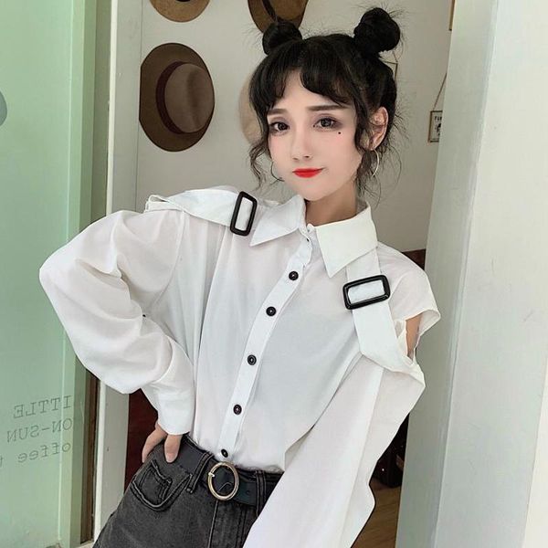 

2021 women fashion long sleeve spring autumn blouse white black single breasted shirt loose casual female street mujer