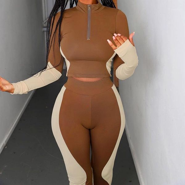 

yoga outfits sport 2 piece set fashion color matching stand-up casual collar shirt crop high waist tight workout suit female sportswear1, White;red