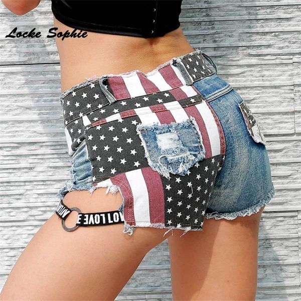 Hohe Taille Sexy Damen Jeans Denim Shorts Sommer Denim Nationalflagge druckt Loch Damen Skinny Baumwolle super kurze Jeans T200701