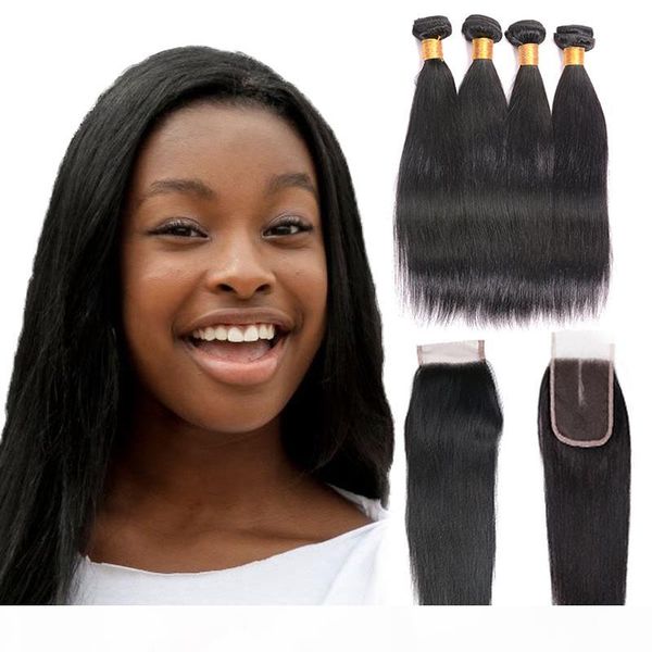 

4 bundles brazilian straight virgin human hair with closure natural color 100% unprocessed remy human hair with lace closure, Black