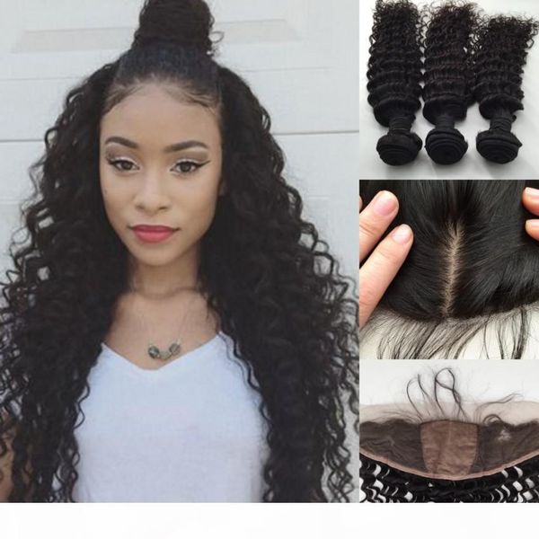 

deep wave deep curly silk base frontal with bundles peruvian hair with closure wavy with closure bundle, Black