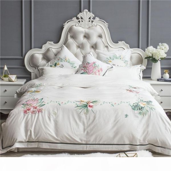 

42 4 7pcs egypt cotton white india style bedding set  king size embroidery flowers bed set duvet cover bed linen pillow