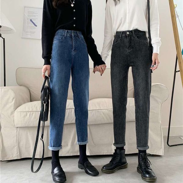 

with enjun] a2816 korean chic foreign style simple women's jeans versatile high waist nine point pants, Blue