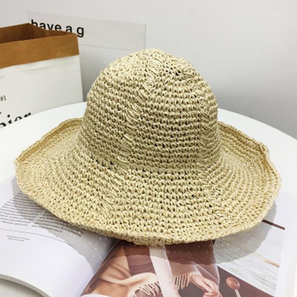 

Fisherman Cap Easy To Carry Anti UV Simple Style Foldable Hand Knitted Lafite Straw Brim Solid Casual Events Women Sun Hat1, Blue;gray