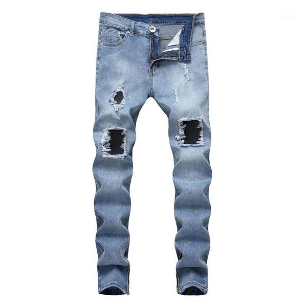 

men's jeans men's biker stretchy skinny ripped slim fit denim pants men casual hip hop zipper hole straight plus size g3p21, Blue