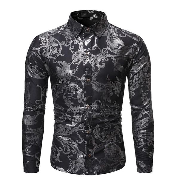 

men's casual shirts fashion lapel long sleeve flower print shirt male clothes slim fit cotton plus size, White;black