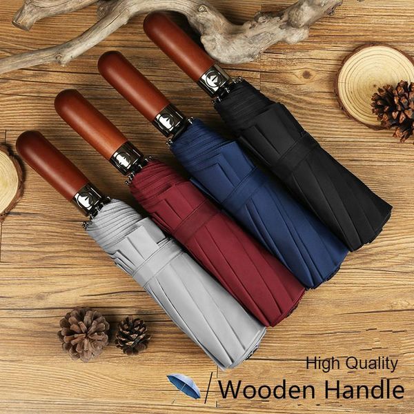 

10 ribs windproof double-layer umbrella male wooden handle automatic business sunshade men's umbrellas female parasol1