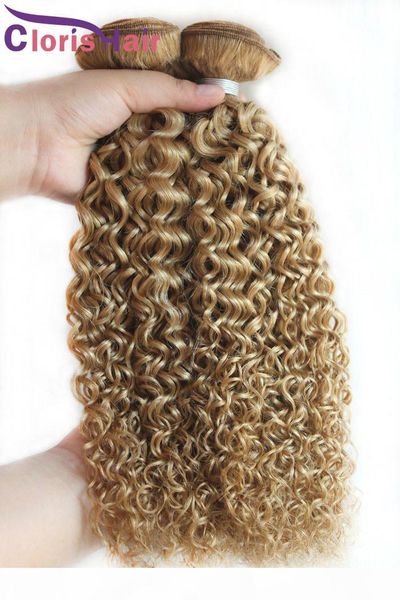 

honey blonde kinky curly malaysian virgin weft bundles afro kinky human hair weave color 27 curly strawberry blonde hair extensions, Black