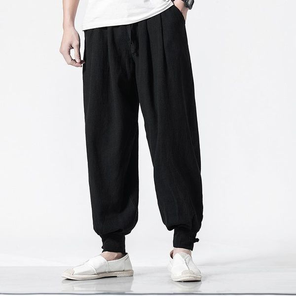 

chinese style men's cotton and linen casual pants costume hanfu pants buckle feet wide-leg retro linen knickers1, Black