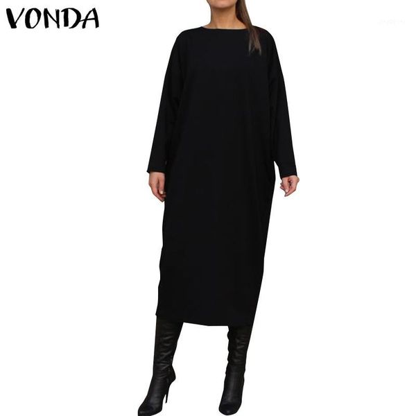 

long sleeve shirt dress vonda women casual solid color long dress fashion round neck vestidos plus size bohemian robe 5xl1, Black;gray