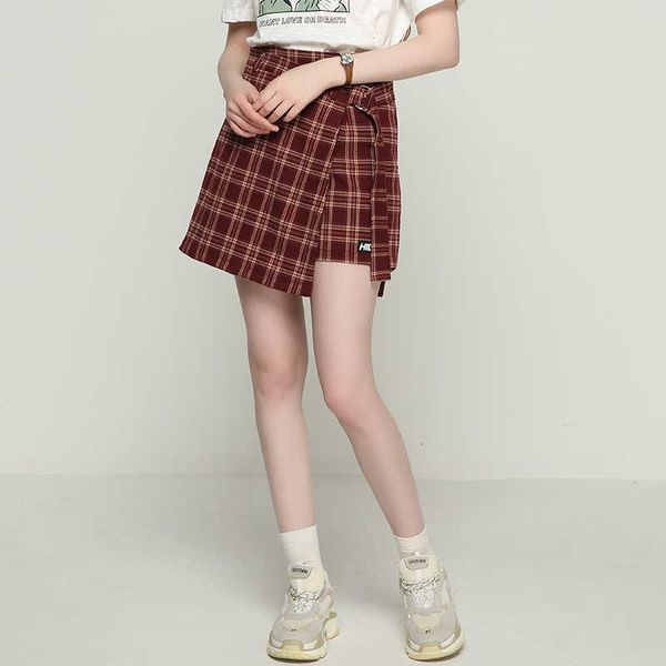 

women plaid mini skort with adjusted belt wrap skort in check, Black