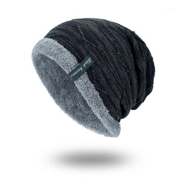 

beanies knitted cap winter plus velvet warm long standard head men's outdoor caps elastic pile hat1
