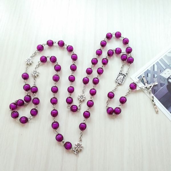

catholic pray jewelry purple acrylic long necklace cross rosary, Silver