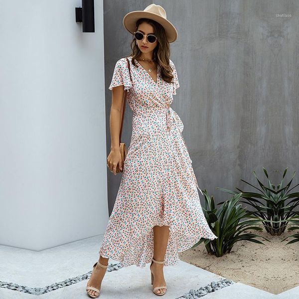 

summer dot print dress women casual ruffles lace up v-neck high waist short sleeve long dress 2020 new1, Black;gray