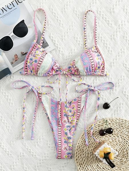 

paisley & ditsy floral tie side bikini swimsuit 04vj#, White;black