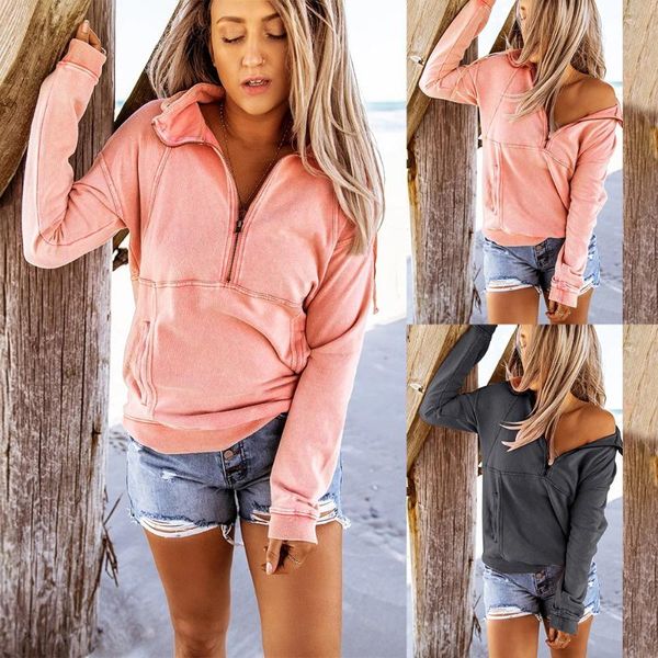 

ladies blouse and shirt long sleeve zipper v neck women blouses autumn winter pink gray pocket female tee shirt d30, White