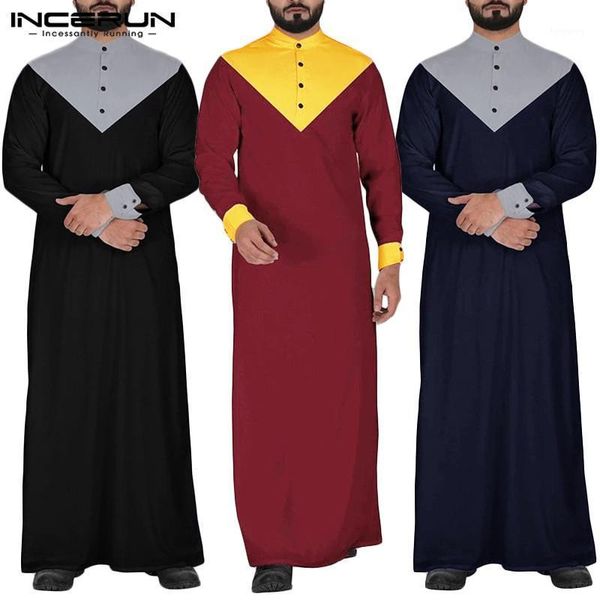 

incerun vintage men robes islamic muslim kaftan stand collar jubba thobe retro long sleeve color-block men clothing s-5xl1, Red