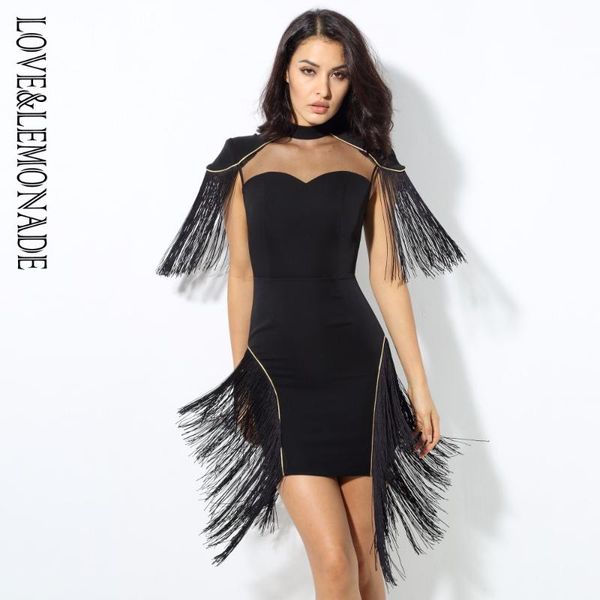 

love & lemonade black mesh splicing tassel party dress lm80485, Black;gray